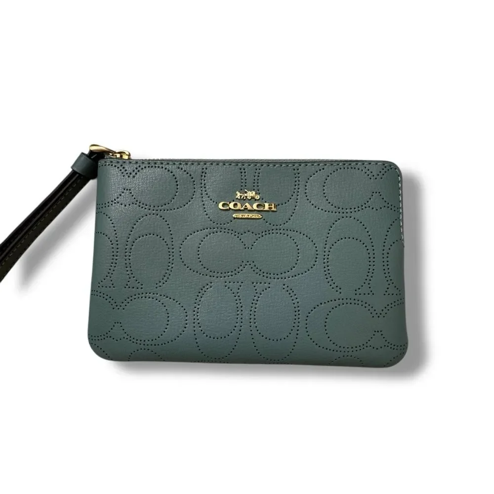 Coach Corner Zip Wristlet Seafoam Perforated Leather